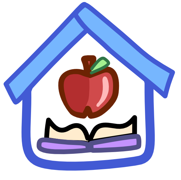 There is a red apple sitting above an open book inside a blue house-shaped frame with thick roof. The book has a purple cover and is lying flat with its pages facing up. The image has dark line art.